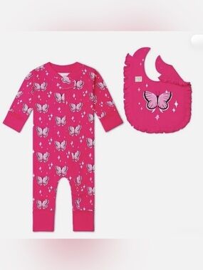 NWT Paris Hilton Hot Pink Butterfly Zip Romper with Matching Bib